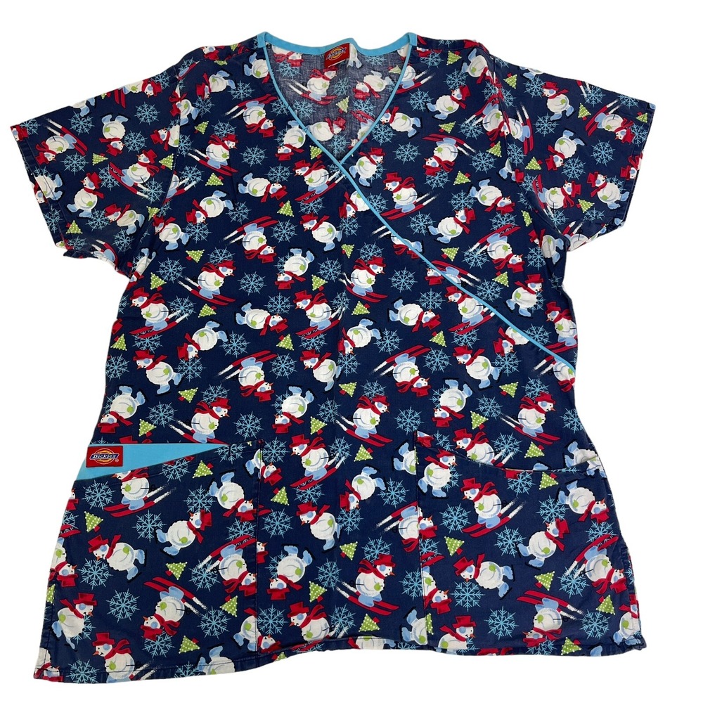Dickies Womens Small Scrub Top Winter Snowman Blue V Neck Pockets Uniform